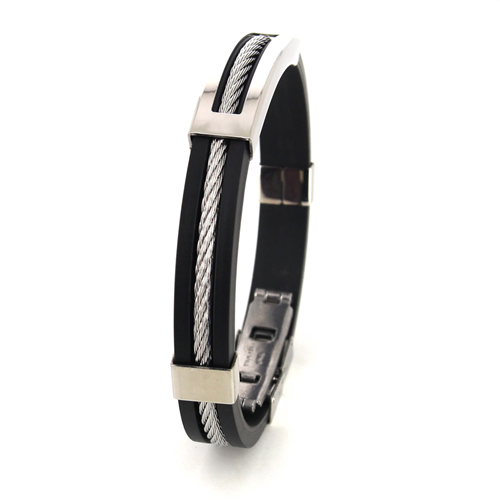 Pulsera Acero y Caucho Negro Motivo Rectangular