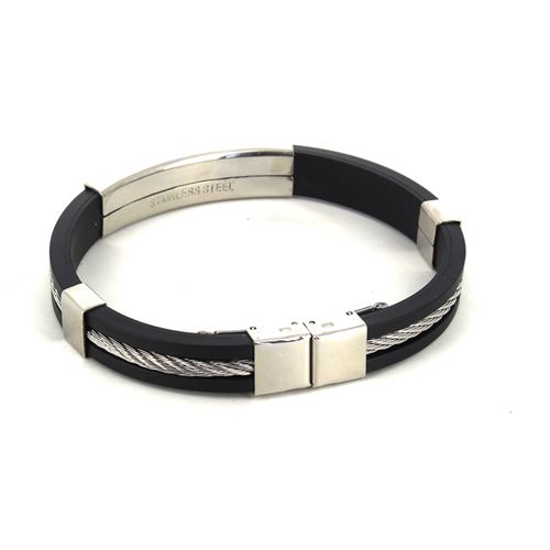 Pulsera Acero y Caucho Negro Motivo Rectangular