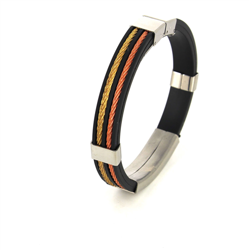 Pulsera Acero y Caucho Negro y Dorado