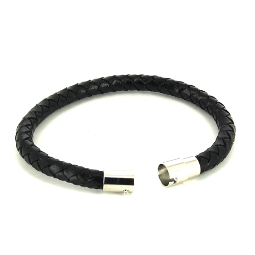 Pulsera Acero y Cuero Negro Cilíndrica I