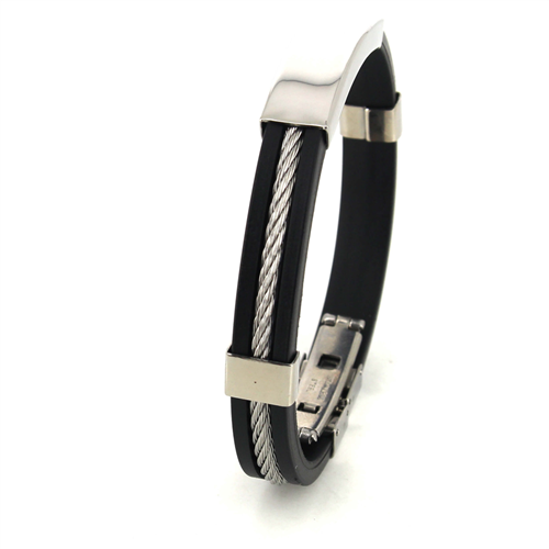 Pulsera Cordaje Acero y Caucho Negro Motivo Liso