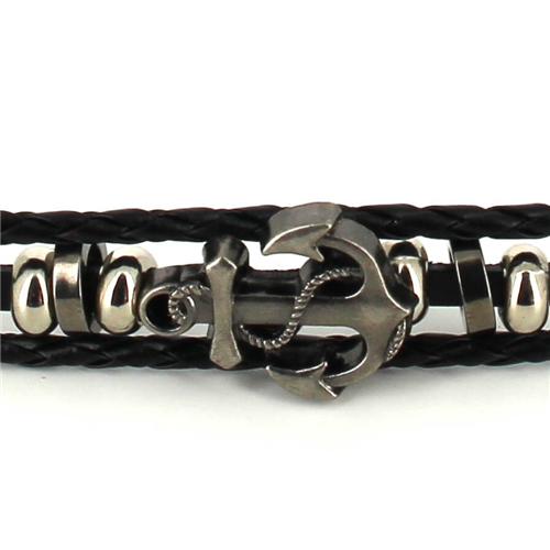 Pulsera Trenzada Cuero Negro con Ancla