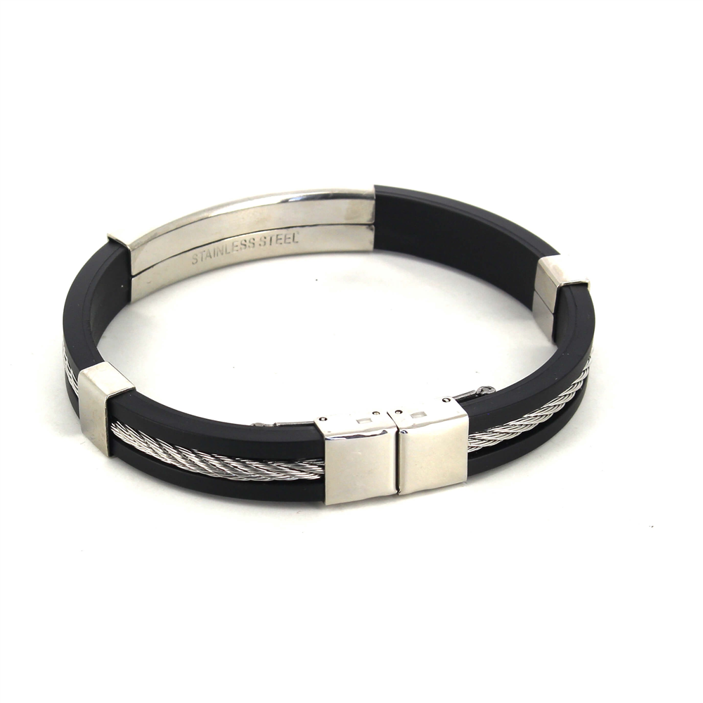 Pulsera Acero y Caucho Negro Motivo Rectangular