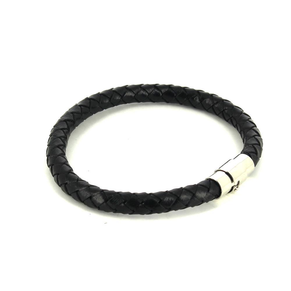 Pulsera Acero y Cuero Negro Cilíndrica I