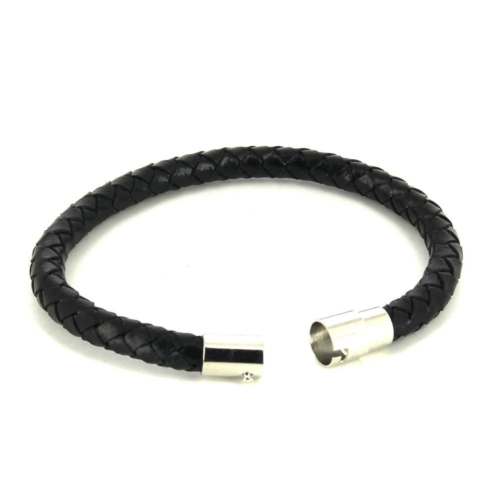 Pulsera Acero y Cuero Negro Cilíndrica I