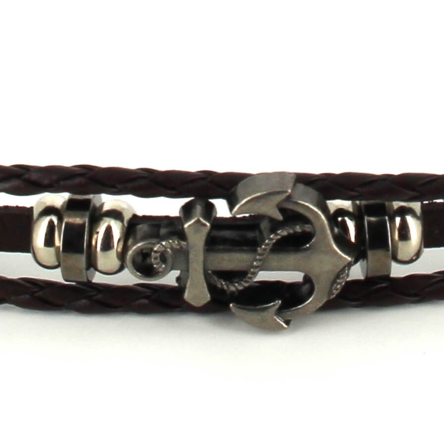 Pulsera Trenzada Cuero Marròn Oscuro con Ancla