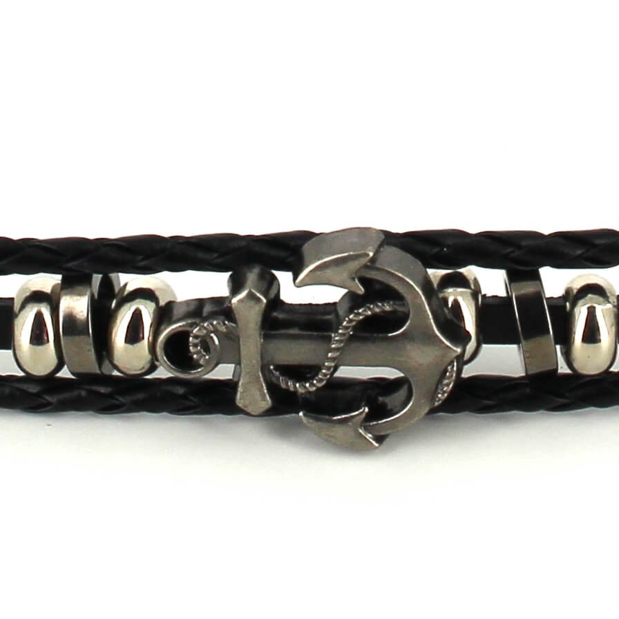 Pulsera Trenzada Cuero Negro con Ancla