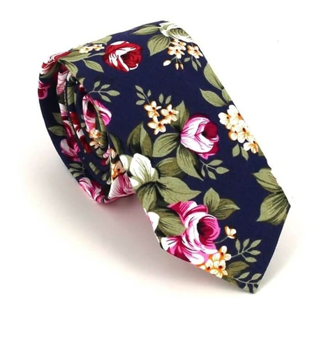 Cravate Slim Fleurs Bleu Marine