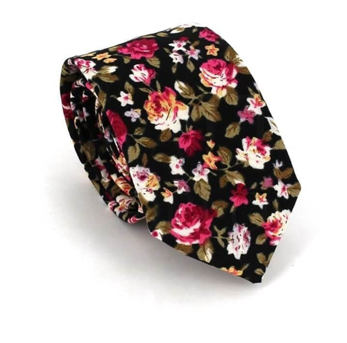 Cravate étroite fleurs noire
