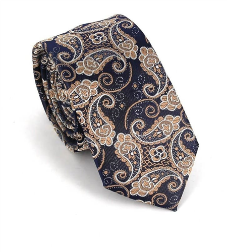 Cravate Étroite Paisley Bleue et Dorée