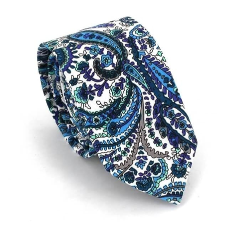 Cravate Étroite Paisley Blanche et Bleue