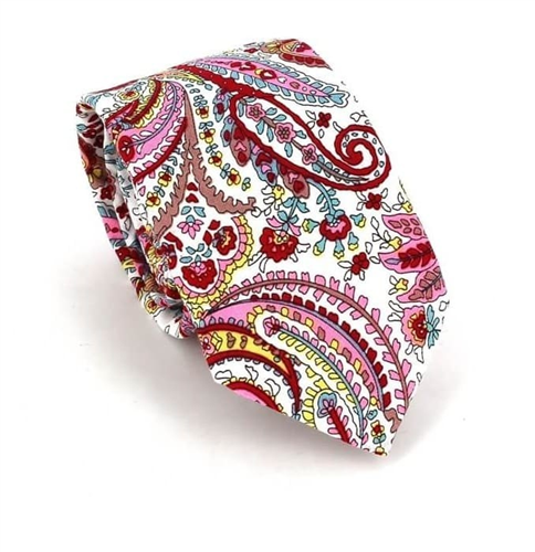 Cravate étroite Paisley blanche et rouge
