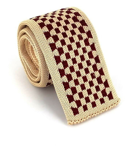 Cravate en tricot à carreaux beige et grenat