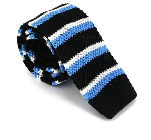 Cravate à rayures en tricot noir, blanc et bleu