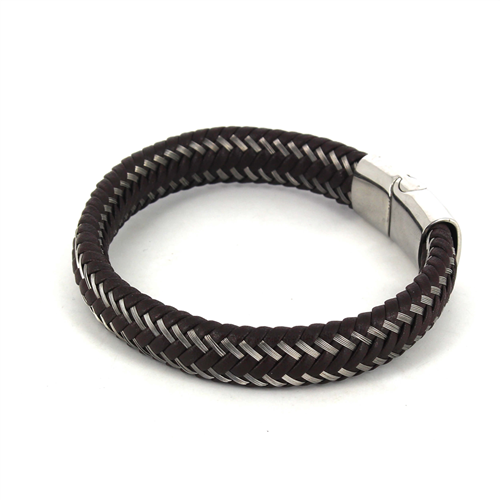 Bracelet en acier tressé en cuir marron