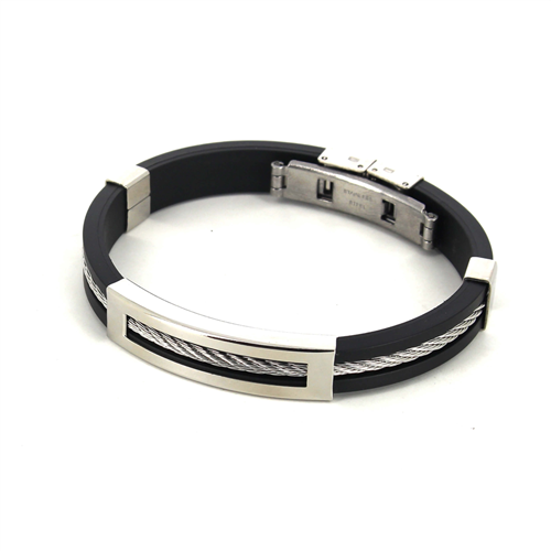 Bracelet en acier et caoutchouc noir motif rectangulaire