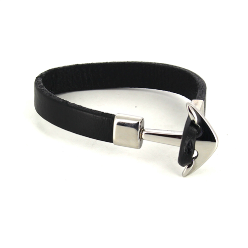 Bracelet en Acier et Cuir Noir Lisse avec Ancre