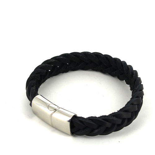 Bracelet en Acier et Cuir Noir