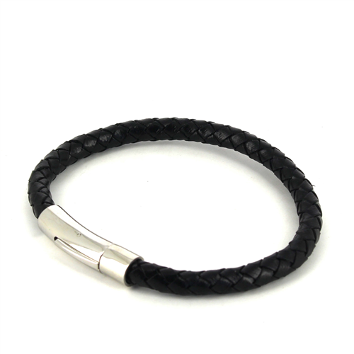 Bracelet en acier et cuir noir cylindrique