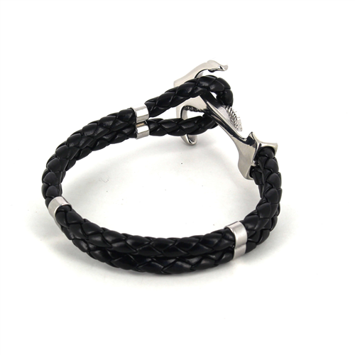 Bracelet en Acier et Cuir Noir avec Ancre