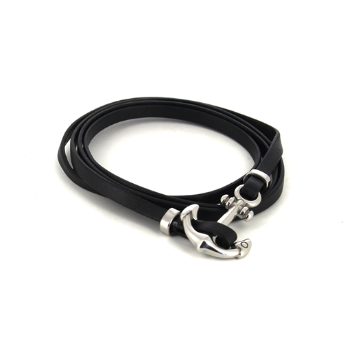 Bracelet en Acier et Cuir Noir avec Ancre I