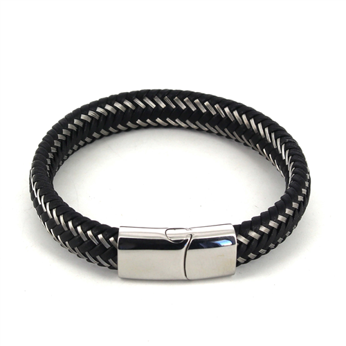 Bracelet en Acier et Cuir Noir I