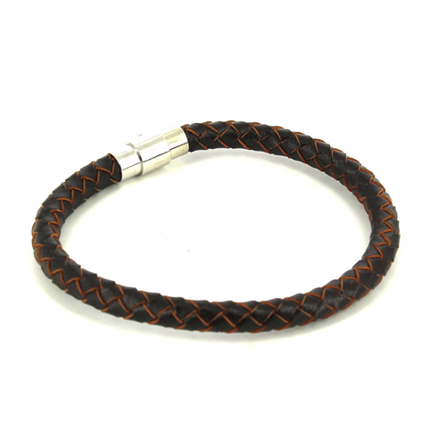 Bracelet en acier et cuir noir et marron cylindrique