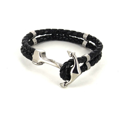Bracelet en acier et cuir tressé noir avec ancre