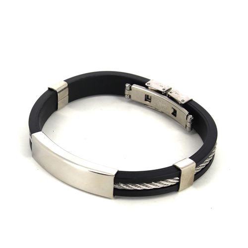 Bracelet en Cordage Acier et Caoutchouc Noir Motif Uni