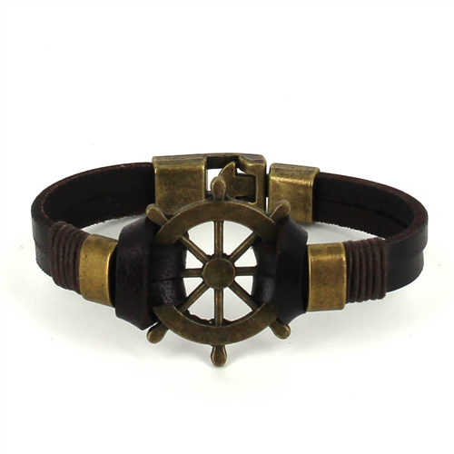 Bracelet en cuir marron avec gouvernail