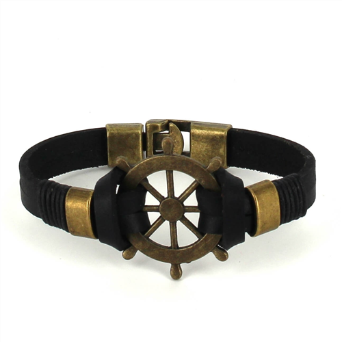 Bracelet en cuir noir avec gouvernail
