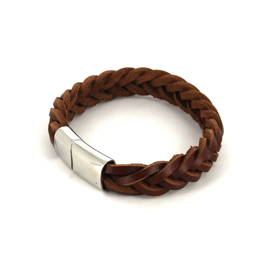 Bracelet en Cuir et Acier Tressé Marron