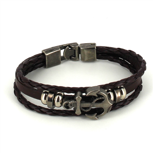 Bracelet en Cuir Tressé Marron Foncé avec Ancre