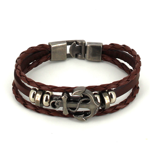 Bracelet en Cuir Tressé Marron avec Ancre