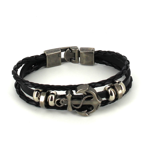 Bracelet en Cuir Noir Tressé avec Ancre